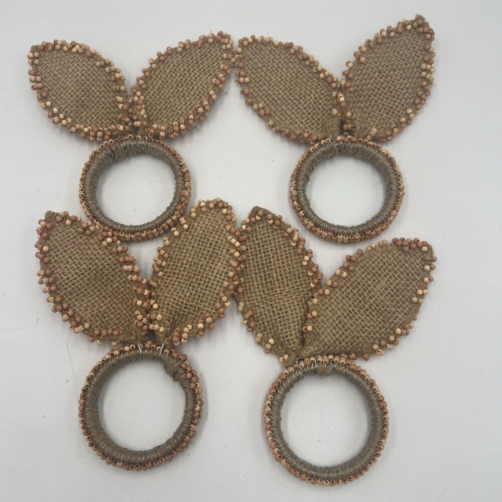 4 Nicole Miller Napkin Ring Easter Bunny Ears Beaded Burlap Tan Set Shabby Chic - Picture 4 of 9